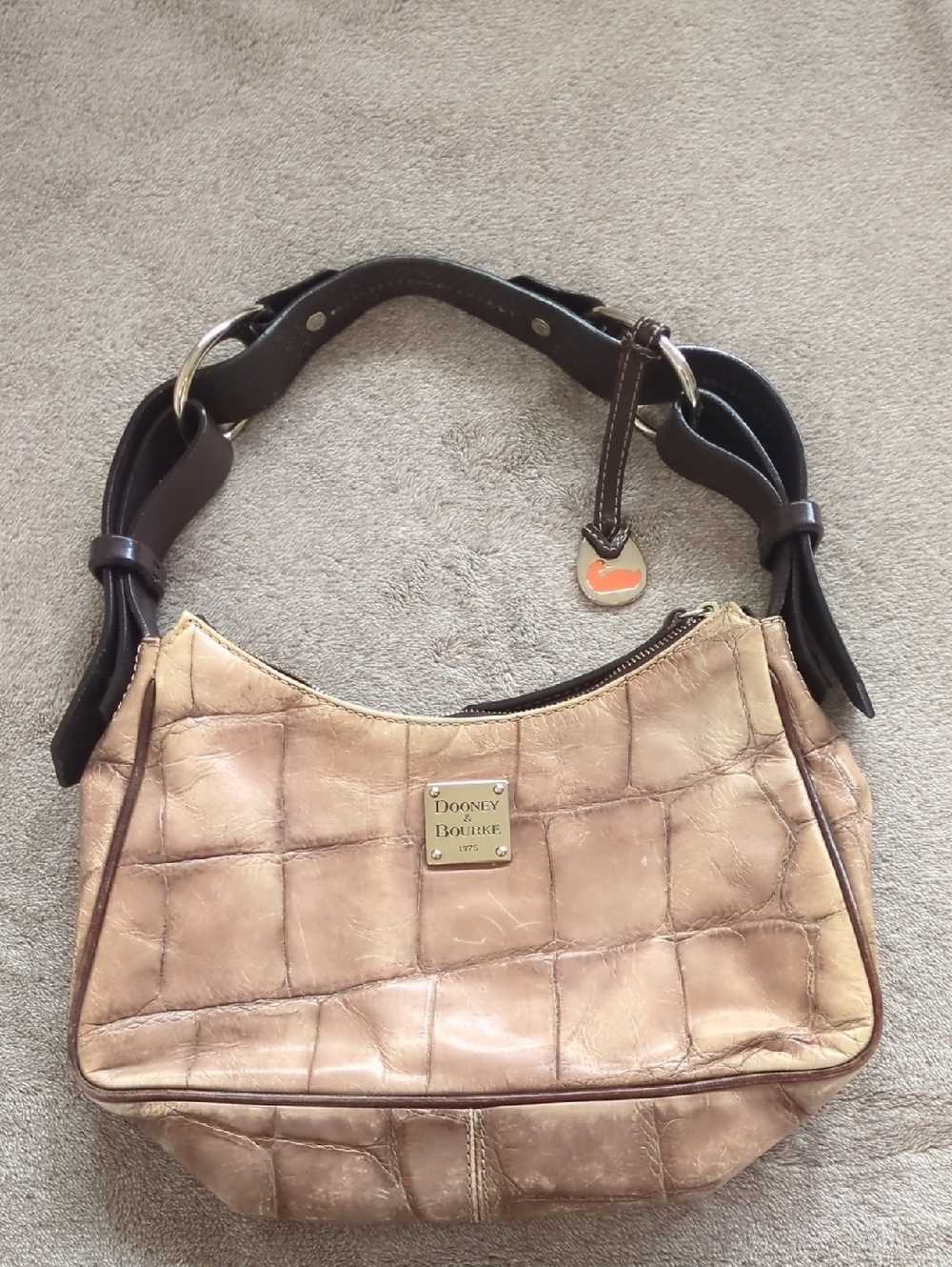 Dooney & Bourke Beige Croc-Embossed Shoulder Bag with Dark Brown Strap